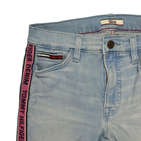 Tommy Hilfiger Womens Sz 0 Pockets Pink Striped Skinny Legging Denim Blue Jeans - Picture 2 of 10